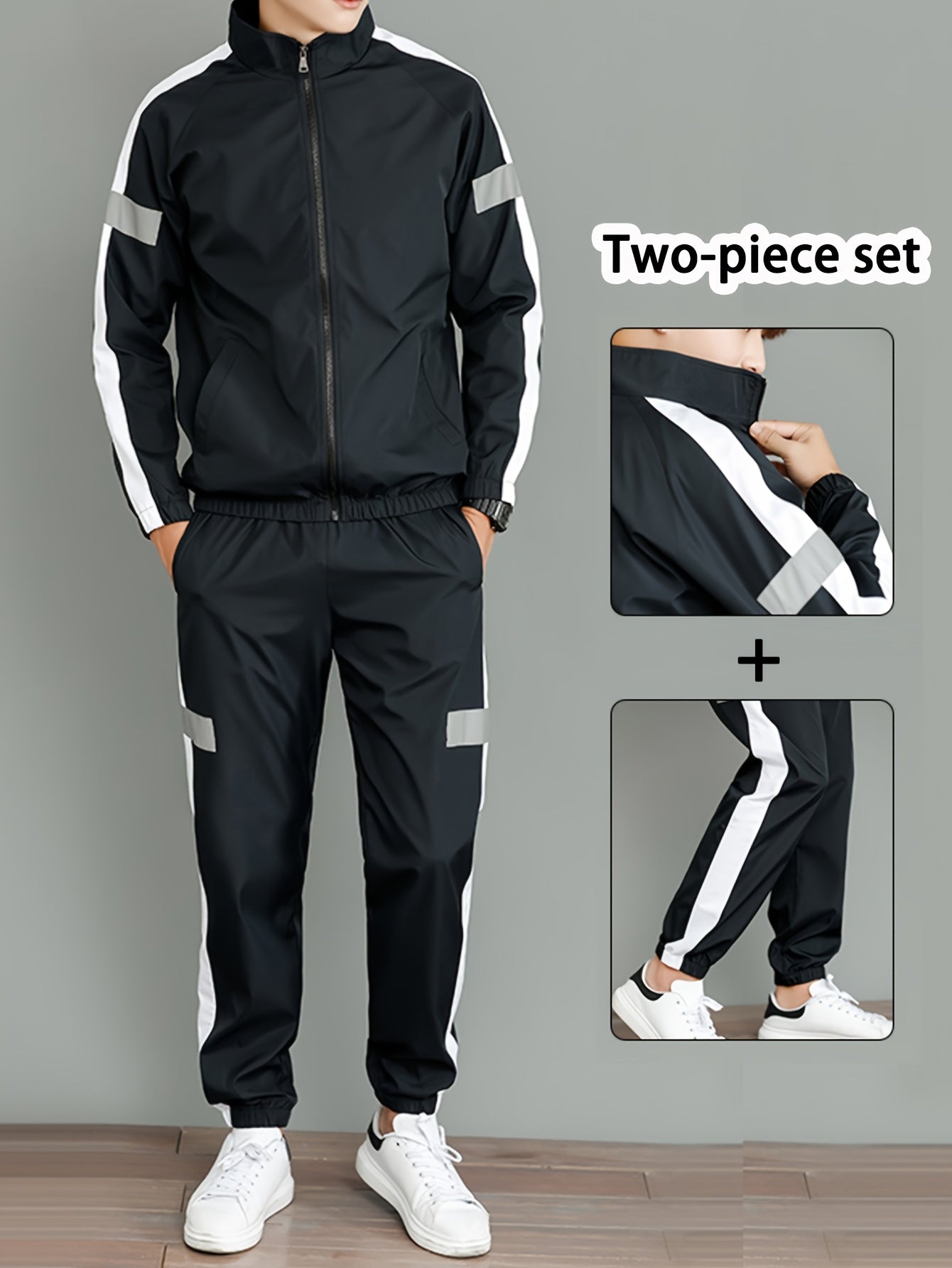 Men's Casual Polyester Jacket and Joggers Set for Spring & Fall