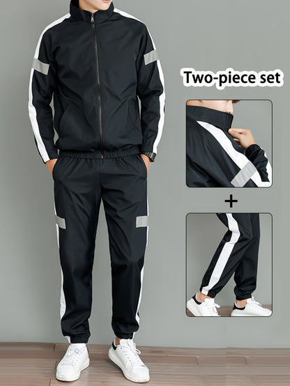 Men's Casual Polyester Jacket and Joggers Set for Spring & Fall