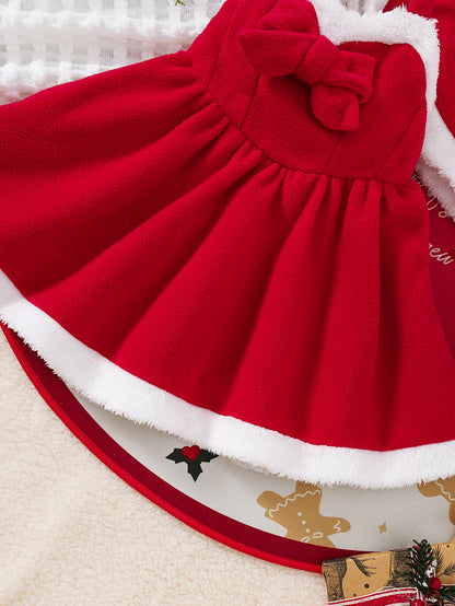 2pcs Girls' Bow Tie Suspender Dress + Shawl Children Christmas Party Gown, Seasonal Clothing, Holiday Dress, Stylish Outfit, Strapless Dress, Durable Dress, Comfortable Material, Shawl Dress, Children's Dress, Fashion