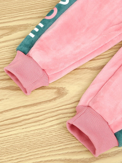 Girls' Thickened Fleece-Lined Hooded Zip-Up Jacket & Jogger Pants Set - Cozy Two-Piece Outfit with "NUS" Letter Print, Long Sleeves, and Drawstring Waist, for Outdoor, And Casual Wear, Winter Clothing, Playful Design, Soft Fa