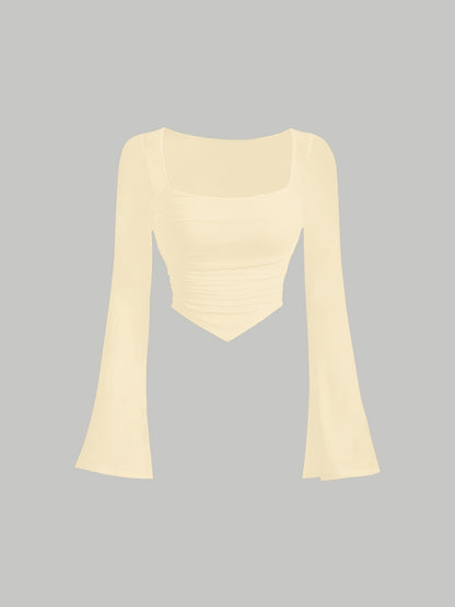Women'S Elegant Square Neck Solid Color T-Shirt, Polyester Knit Fabric, Short Length, Stretchy Slim Fit, Spring/Fall Fashion Top