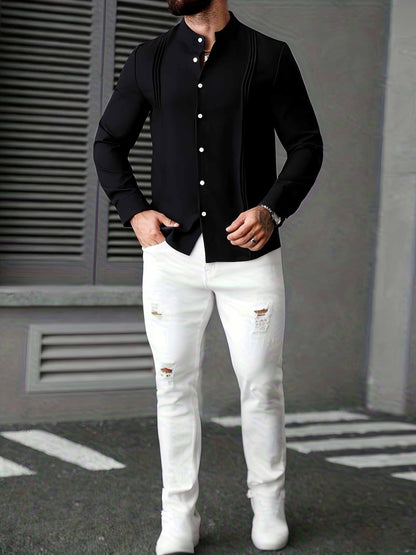 Men's Casual Stand Collar Long Sleeve Solid Color Shirt