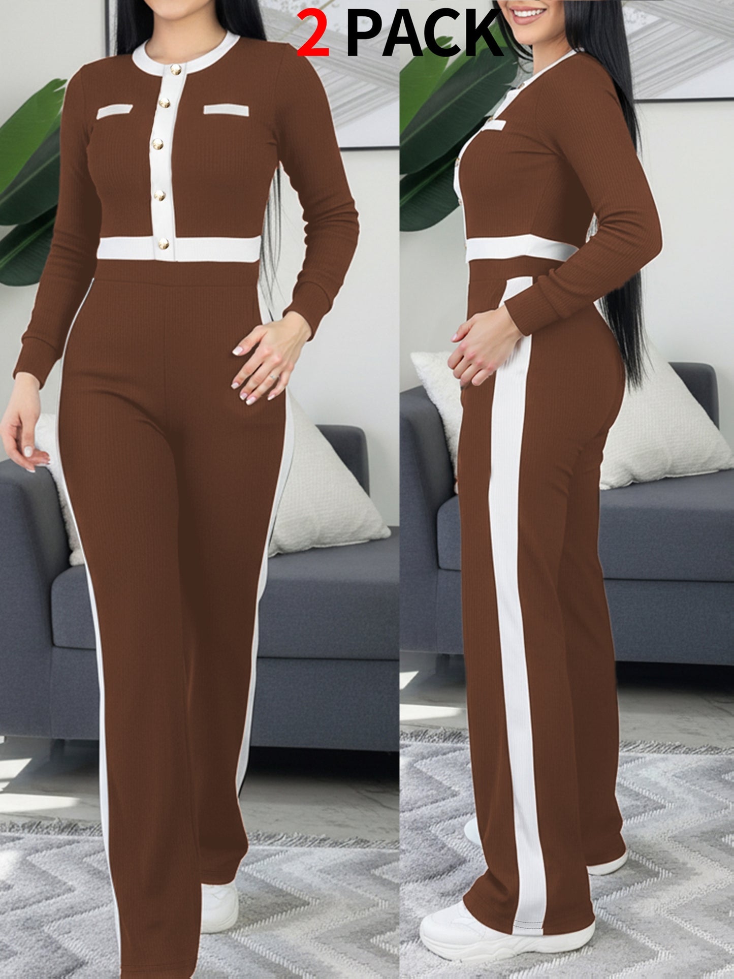Autumn And Winter Women'S Outfit - Stylish Color-Blocked Fitted Long-Sleeve Top with a Round Neck And Versatile High-Waisted Comfortable Straight-Leg Pants