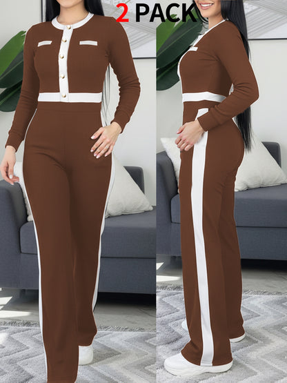 Autumn And Winter Women'S Outfit - Stylish Color-Blocked Fitted Long-Sleeve Top with a Round Neck And Versatile High-Waisted Comfortable Straight-Leg Pants