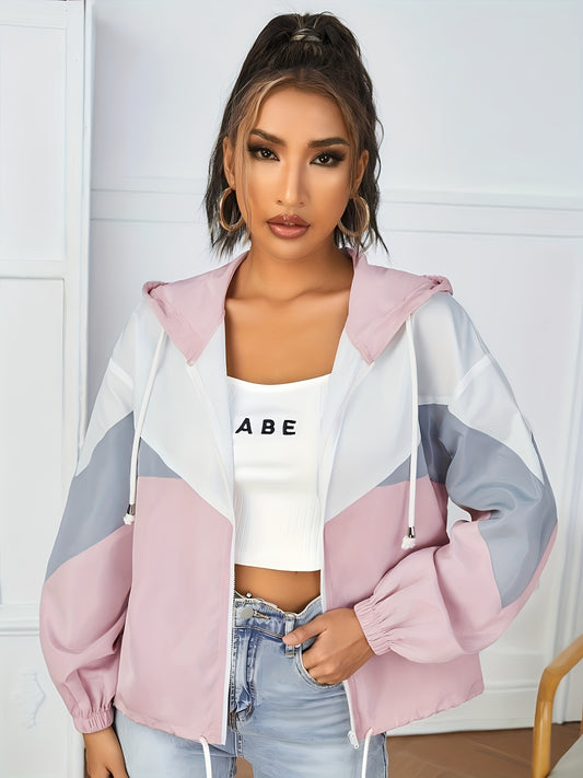 Fashionable dropped-shoulder hooded color-block sun-protective jacket with zipper and drawstring