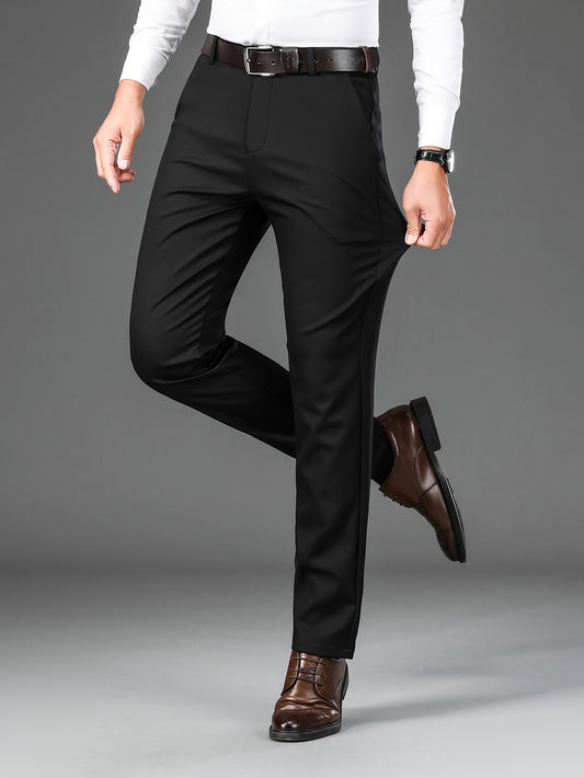 Men's Classic Solid Color Dress Pants - Comfort Fit, All-Season Polyester Blend, Machine Washable - Perfect for Business & Casual Wear