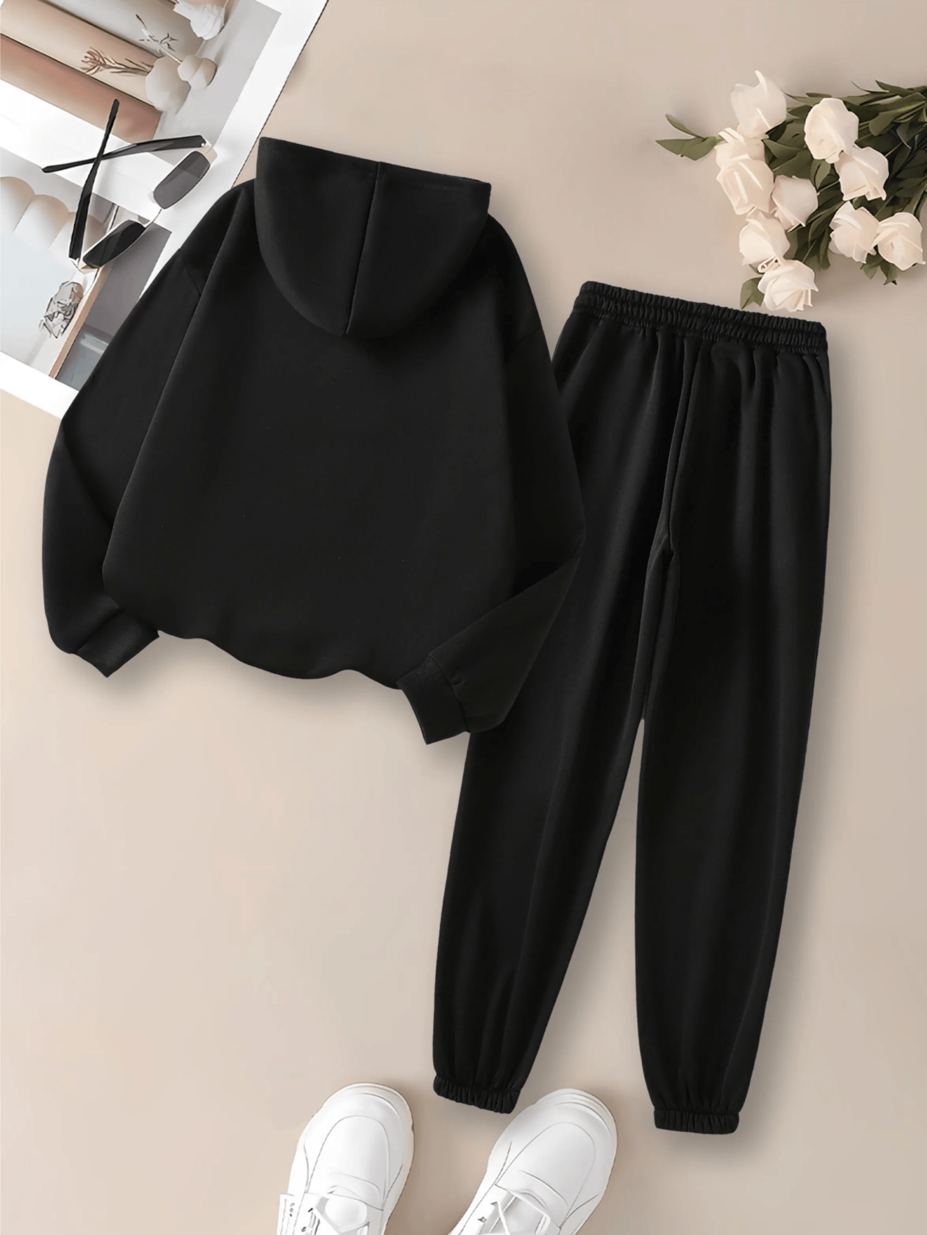 Women's winter clothing Santa Claus printed Women's velvet hooded sweater set