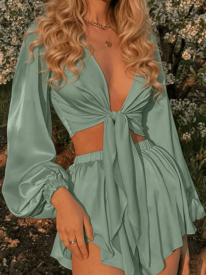 Women’s Summer Casual 2-Piece Vacation Set with Lace-Up Detail