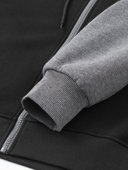 Men's Casual Sports Hoodie Two-Piece Set Four Seasons Color-Matching Zipper Drawstring Waist Jogging Suit - ayq