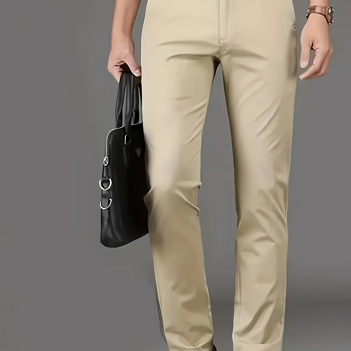 [Durable Build] Men's All-Season Casual Dress Pants - Business Style Stretch Trousers, Comfortable Classic Design, Light Brown Polyester Blend, Machine Washable, Smooth Finish, Regular Fit for Office or Leisure Wear