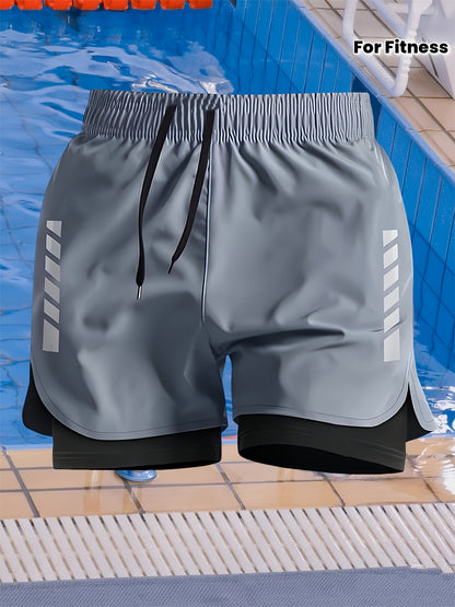 Men's Skinny Double-Layer Swim Trunks with Stripes for Summer Fitness
