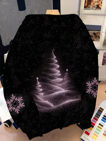 Women's Sparkling Glitter Christmas Tree & Snowflake Print Hooded Sweatshirt - Winter Snowflake Pattern Pullover Sweater with Drawstring Hood, 100% Polyester Machine Washable Cozy Casual Sweater for Xmas Parties & Cold Weathe