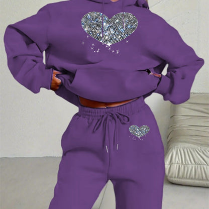 Ladies' Autumn-Winter Casual Hooded Sweatshirt and Pants Set with Shiny Heart Print | Comfortable Fleece-Like Feel, Drawstring Details