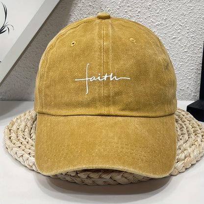 Vintage Street Style Water Wash Denim Polyester Baseball Cap, Faith Print, for Men, Women