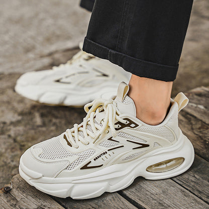 Men'S Breathable Mesh  Faux Low-Top Sneakers - Lightweight Cushioned Air Cushioning, White  Golden Accents, Lace-Up Casual Shoes for Running, Hiking, Gym  Casual Attire, Gym Shoes, Modern Sneakers, Fabric Lined Interior