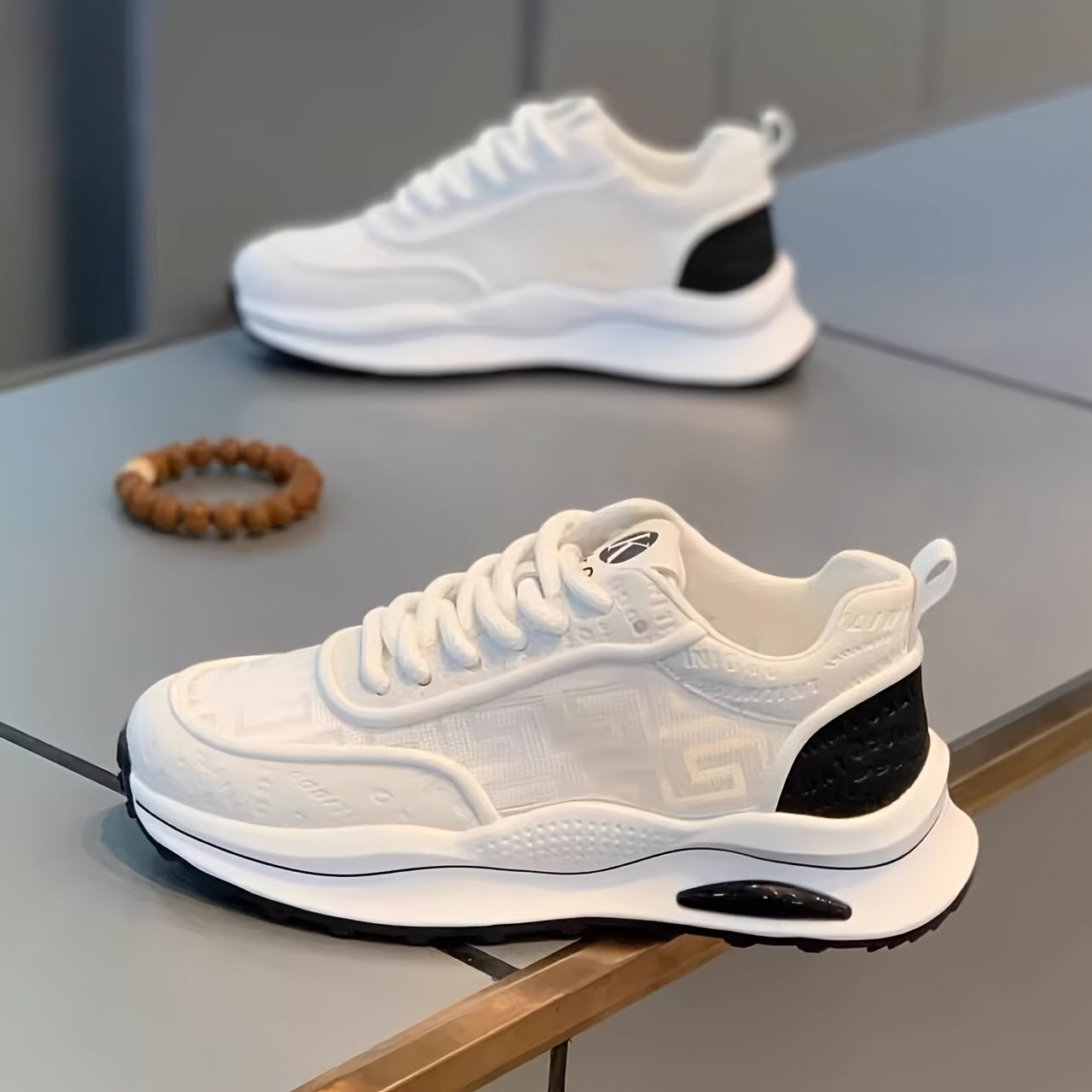 Men's Lightweight Breathable Low-Top Sneakers - PU Upper  PVC Sole, White/Navy/Red Accents, Lace-Up Round Toe for Casual, Outdoor, Running  Gym - All-Season Comfort Shoes, Casual Footwear, Geometric Pattern, Comfortable Fit