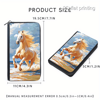 1pc Horse Pattern Ladies Wallet, Single-Sided New Design Large Capacity Multi-Card Slot Long Wallet, Trendy Casual Commuter Zippered Multifunctional Women's Clutch Purse, Pattern Placement May Vary
