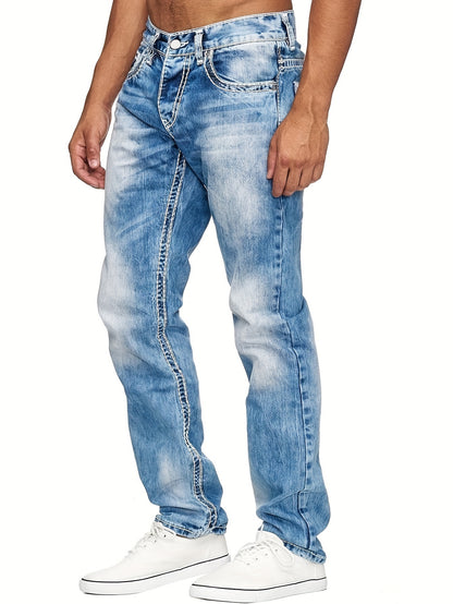 Men's Casual Slim Fit Stretch Jeans, Chic Street Style Distressed Denim Pants