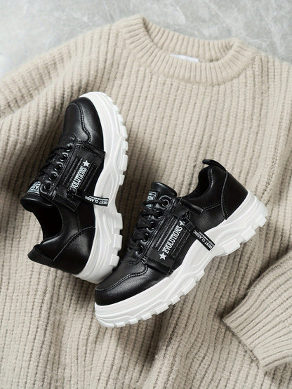 Women'S Breathable Knit Sneakers - Lightweight Thick Sole Casual Walking Shoes in White  Black, Synthetic Cover Upper with Rubber Outsole, Lace-Up Low-Top Design for Indoor/Outdoor, Travel, Beach  Shopping - Cute Gift for M