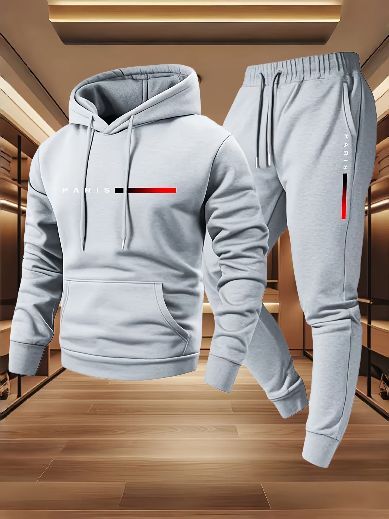 Halloween Men'S Hoodie with PARIS Lettering And Drawstring Sweatpants Set, a Must-Have Outfit for Autumn And Winter, Perfect for Everyday Outdoor Wear - ayq