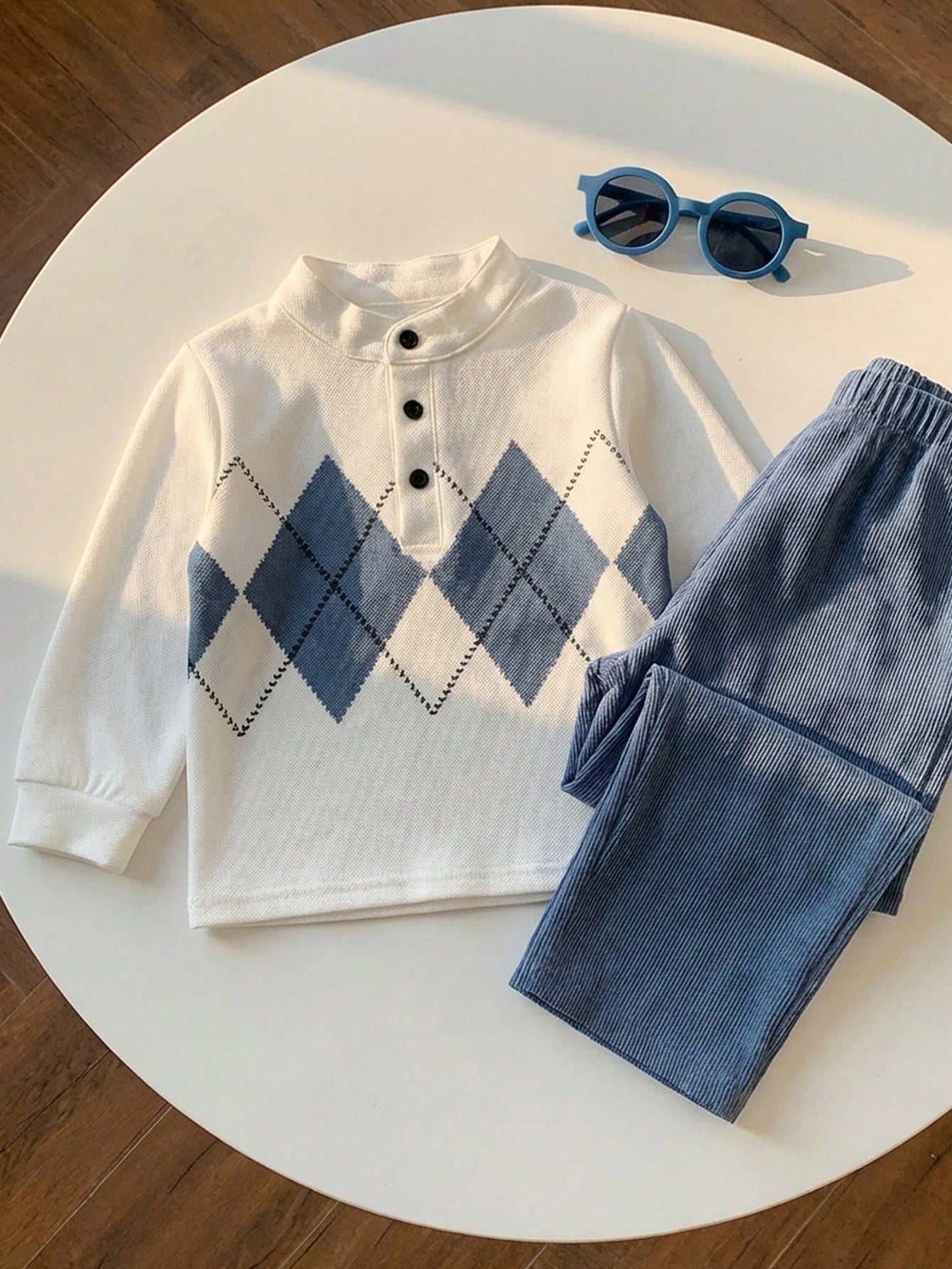 Boys' British Style Rhombus Top & Corduroy Pants Set for Spring
