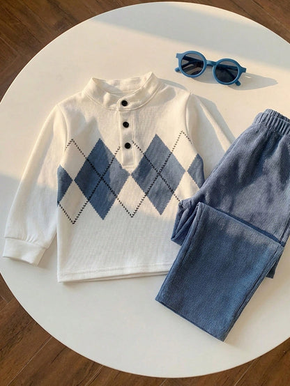 Boys' British Style Rhombus Top & Corduroy Pants Set for Spring