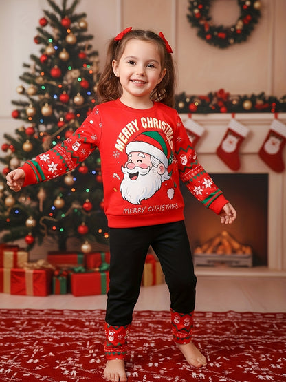 2pcs Girls' Christmas Outfit Set - Red Long Sleeve Top & Black Pants with Santa Claus, Snowflakes & SnowChildren - Cozy Winter Party Outfit for Christmas Day, for Outdoor, Christmas Clothes, Festive Clothing, Holiday Clothing