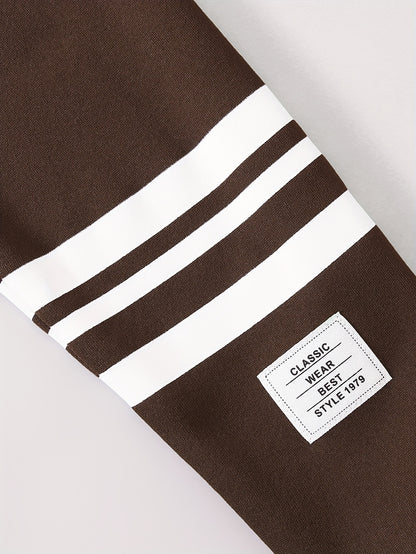 ' Autumn/Winter New Thickened Fleece-Lined Hooded Jacket with Striped Print on One Side, Warm and Stylish Zip-Up Sweatshirt Top + Solid Color Drawstring Straight Leg Pants, Fashionable Classic Versatile Casual Long Pants 2pcs