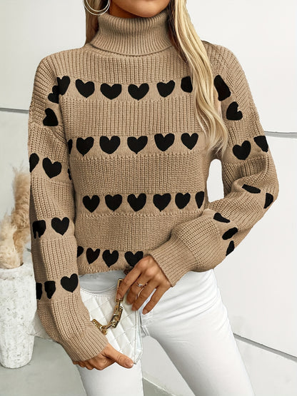 Women'S Cozy Cardigan with Heart Pattern - Long Sleeve, High Neck, Brown, Casual Fall/Winter Pullover, Loose Fit, Geometric Design, Perfect for Casual Attire, Cozy Cardigan, Red Heart Sweatshirt