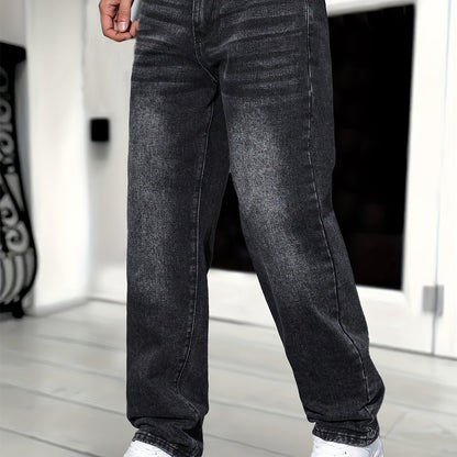 1pc Men'S Classic Solid Color Washed Denim Jeans, Non-Stretch Regular Fit Work Style, All-Season Woven Fabric, Regular Length - Adult Casual Pants