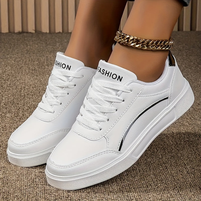 Women'S White Fashion Sneakers - Lightweight Lace-Up Low Top Casual Shoes with EVA Sole, Comfortable Walking Shoes for All Seasons, Casual Footwear | Minimalist Style | Durable Footwear