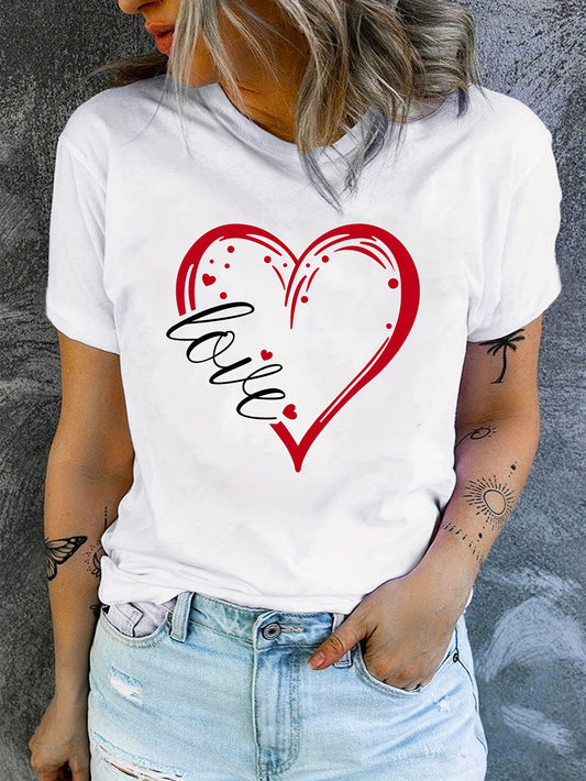Love Print Crew պարանոցի վերնաշապիկ, ամենօրյա կարճաթև վերնաշապիկ գարնան և ամառի համար, կանացի հագուստ