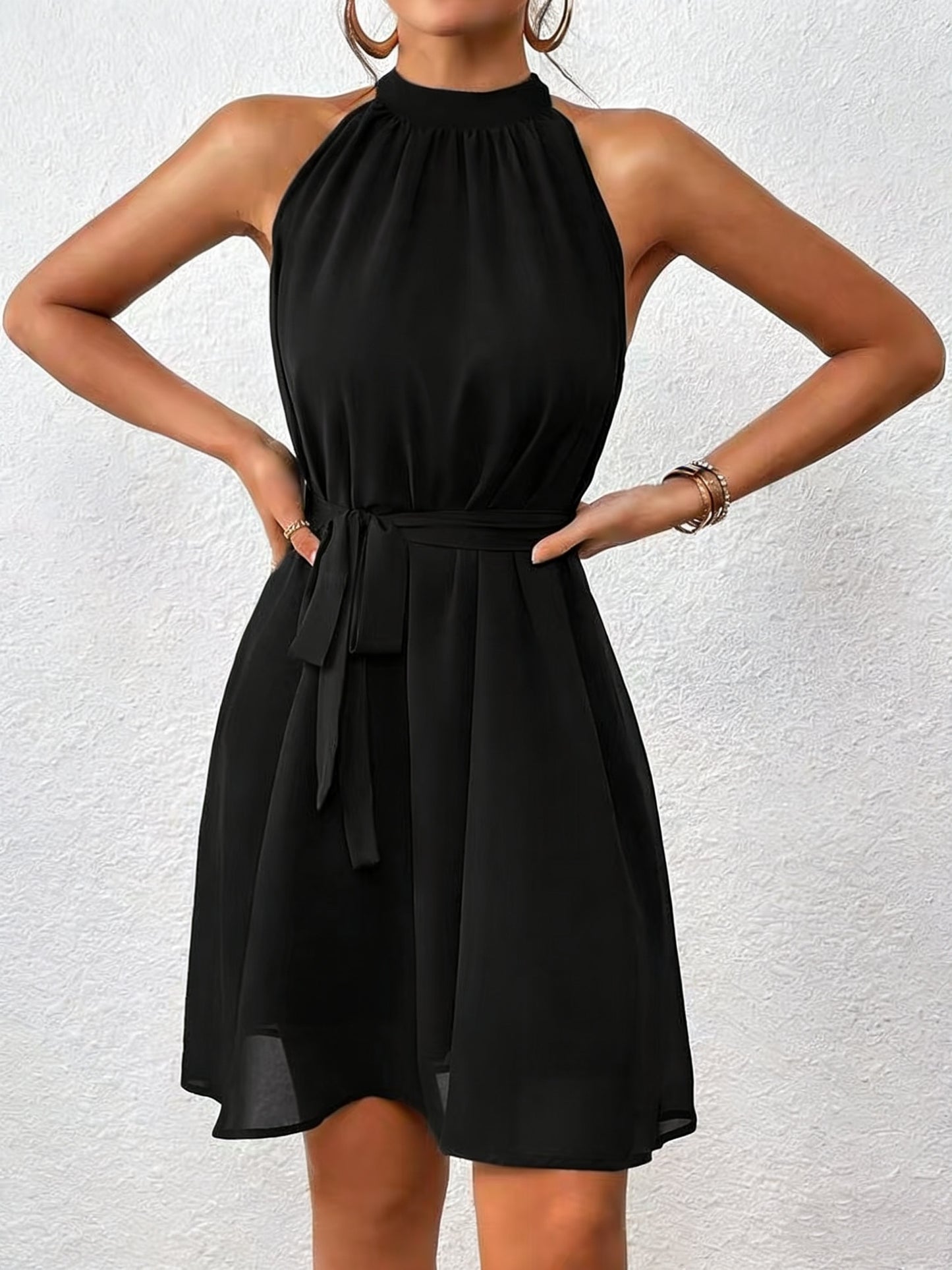 Women’s Solid Color Chiffon Halter Neck Summer Dress with Belt