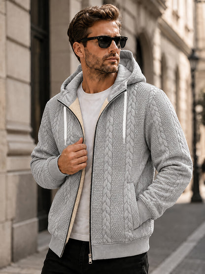 Men's Thickened Hooded Jacket with Cable Knit Embossing