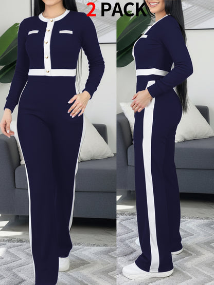 Autumn And Winter Women'S Outfit - Stylish Color-Blocked Fitted Long-Sleeve Top with a Round Neck And Versatile High-Waisted Comfortable Straight-Leg Pants