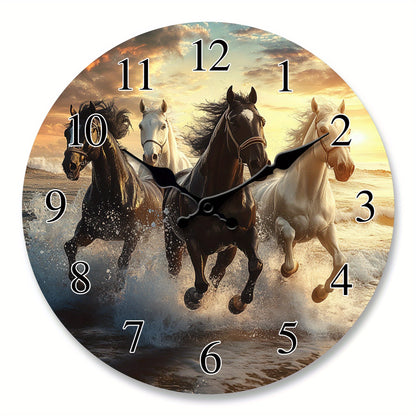 One piece, wooden wall clock with running horses pattern design, modern wall aesthetic decorative art wall clock, silent, suitable for living room, bedroom, kitchen, office decoration, home decoration, ideal Christmas, New Ye