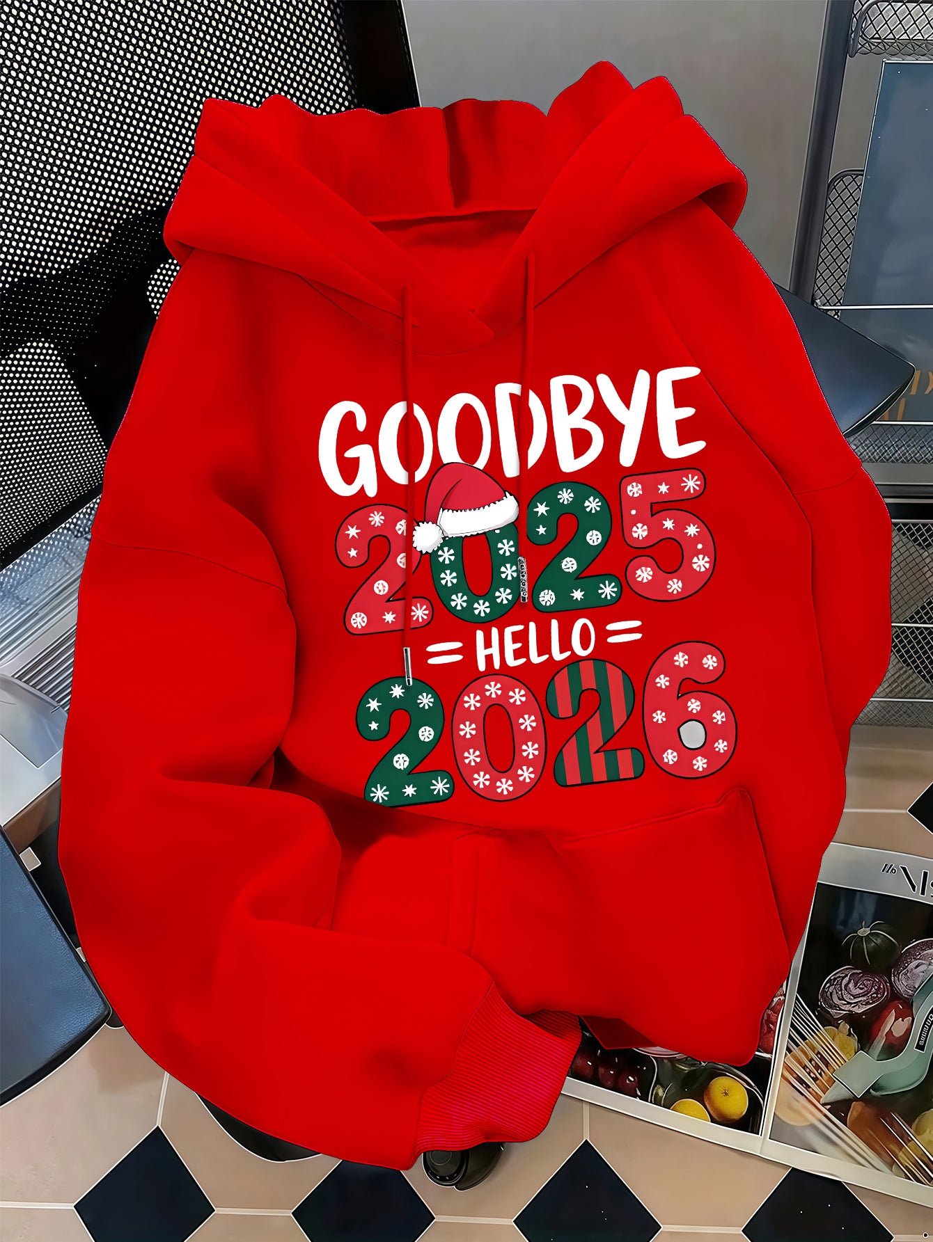 Men's 2025 New Year Red Hooded Sweatshirt - Christmas & New Year's Eve Party Sweater with Goodbye 2024/ 2025 Print, Snowflakes & Santa Hats, Machine Washable Winter Pullover for Holiday Celebrations