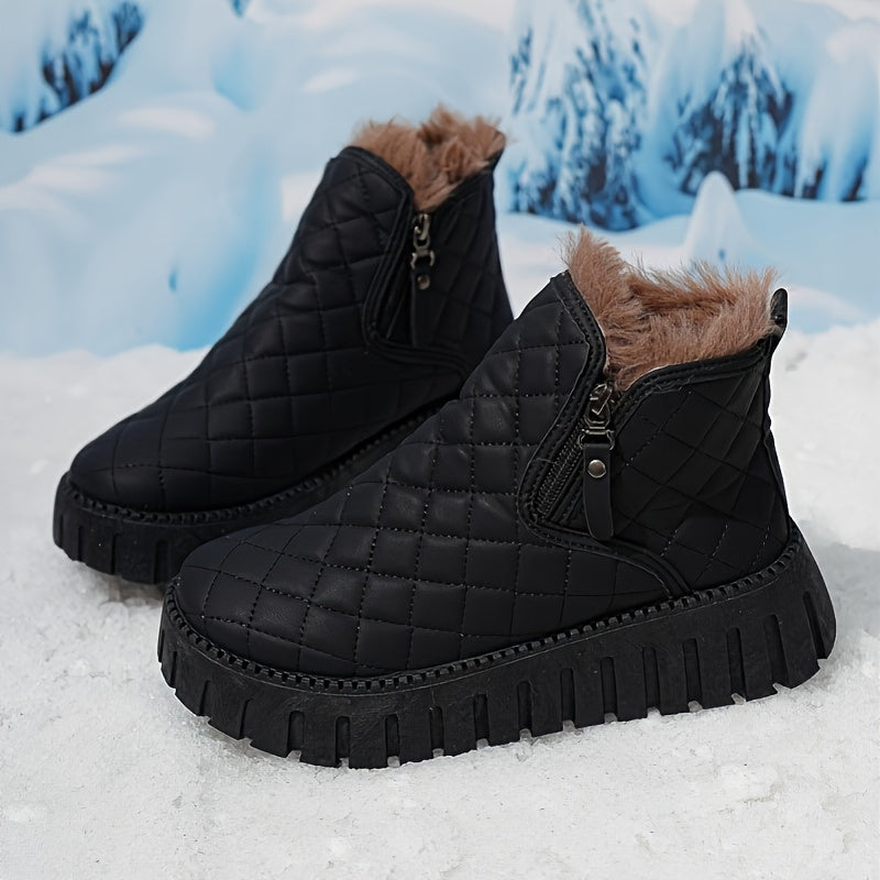 Women's Winter  Boots with Faux Fur Lining & Zipper Closure - PU Cover Round-Toe Ankle Boots with Cushioned Insole & Arch Support, White//Black/Tan/Beige, Rubber Sole for Ice &  - Casual & Semi-Formal Winter Footwear