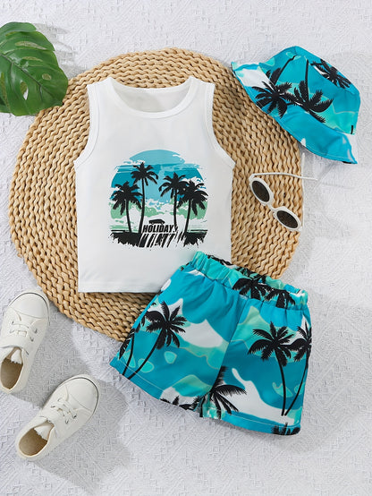 Boys' Summer Vacation Vest, Shorts & Hat Set with Coconut Tree Print