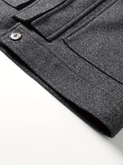 Men's Stylish Autumn/Winter Warm Polyester Casual Jacket with Lapel Collar, Zipper Closure, and Pockets - 100% Polyester Solid Color Loose Fit Coat