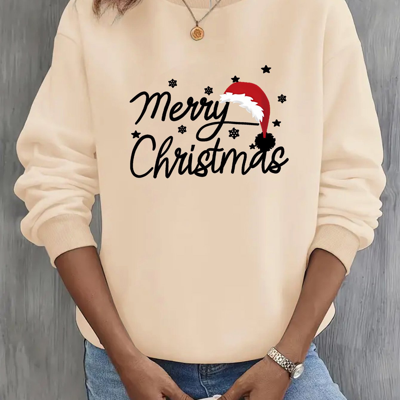 Women'S Christmas Letter Print Crew Neck Pullover Sweatshirt - Elegant Casual Long Sleeve Fleece-Lined Top with Festive Santa Hat & Star Design, All-Season Comfort for Holiday & Casual Attire, Christmas Sweatshirts, Seasonal