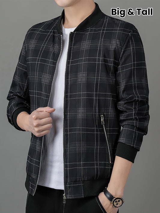 Men's Lightweight Baseball Jacket - Navy Blue & Black Plaid Zip-Up Coat, Non-Stretch Fabric for Formal & Casual Outfits - Spring/Fall Outerwear Jacket, Outdoor Wear, Classic Collar, Quality Stitching, Stylish Coat, Fashioncon