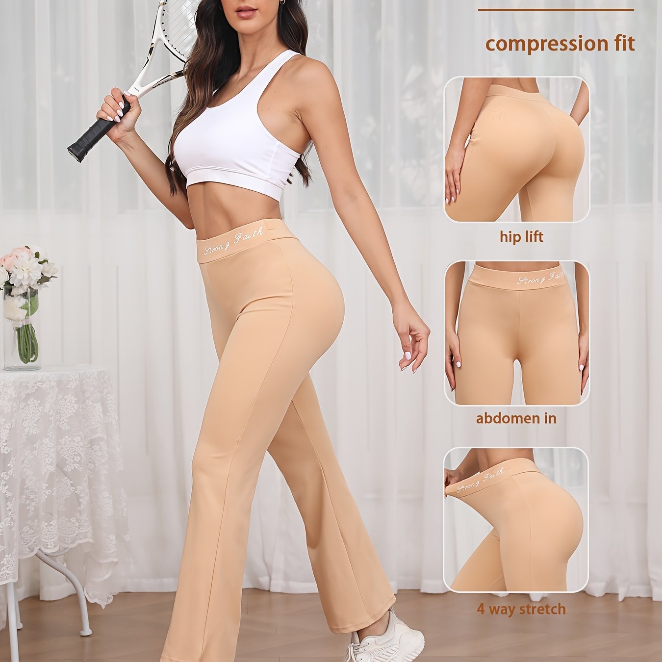 Women's High Waist Flare Yoga Pants, Quick-Dry Stretch Workout Leggings, Fashionable Sports Trousers with Waistband Detail, Gym Running Activewear
