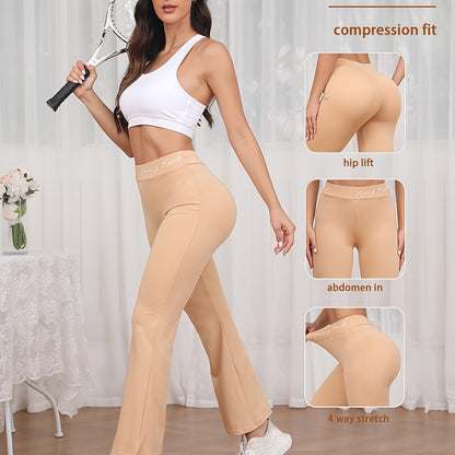 Women's High Waist Flare Yoga Pants, Quick-Dry Stretch Workout Leggings, Fashionable Sports Trousers with Waistband Detail, Gym Running Activewear