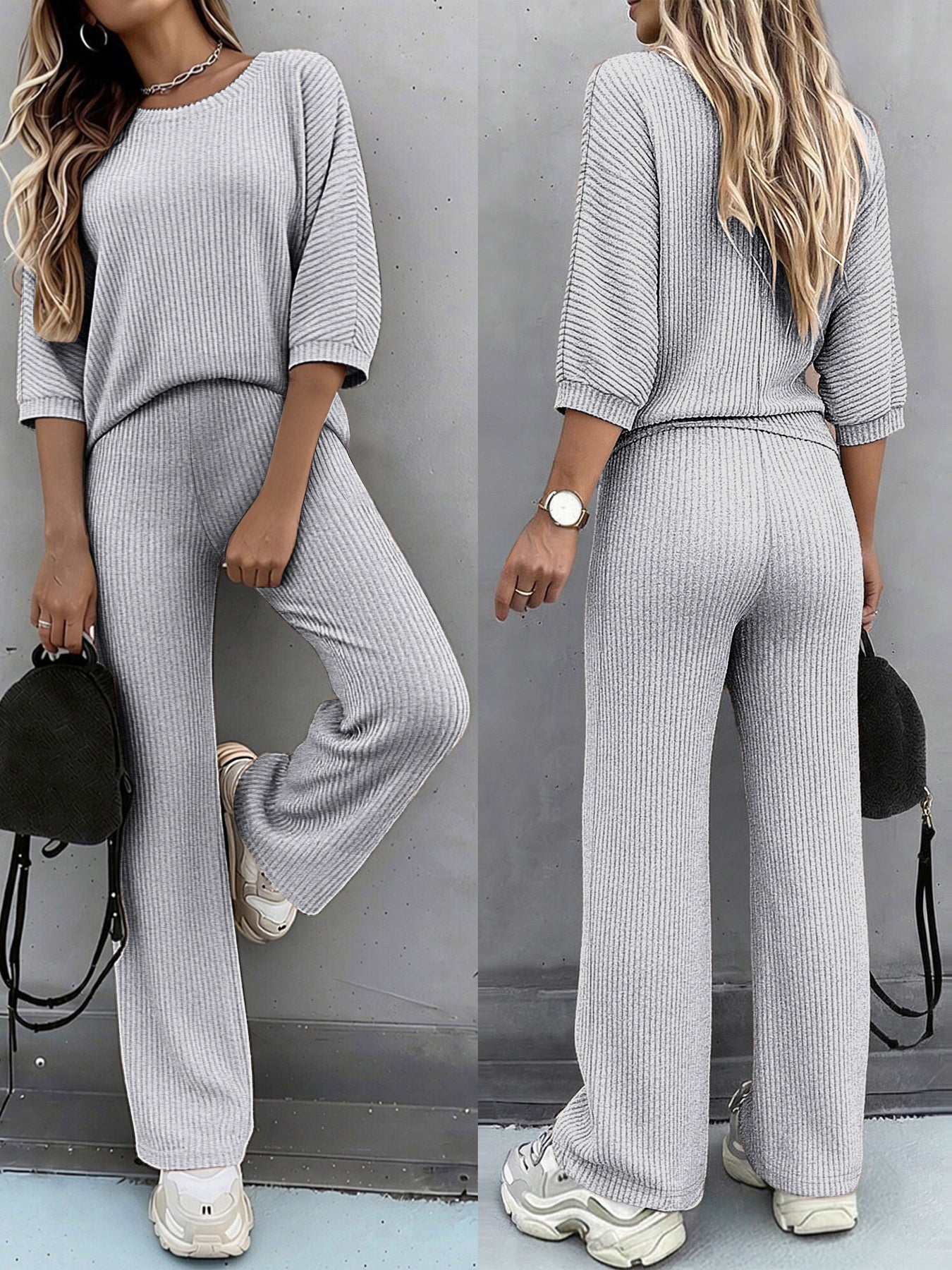 A Two-Piece Set Featuring a Solid Color Batwing Short-Sleeve T-Shirt with a Round Neck And Casual Wide-Leg Stretchy Pants - ayq