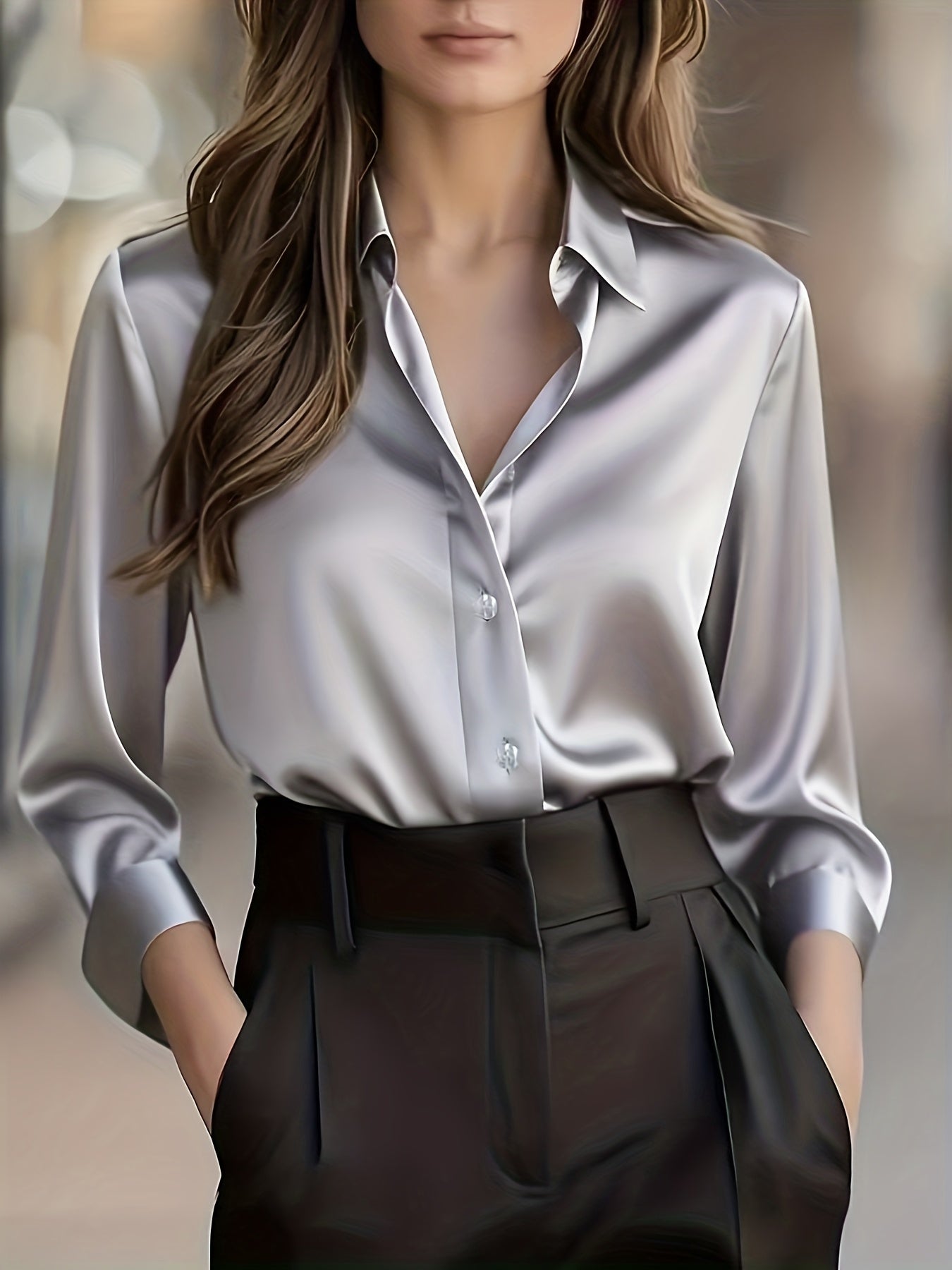Women's Elegant All-Season Glossy  Shirt Jacket - Collar -Front Closure, Solid Brown (Copper/Black) - Tailored Blazer for, Office & Formal Events - Machine Washable Non-Stretch Professional Outerwear