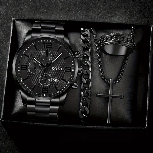SOKI Men'S Casual Quartz Watch Set, 4pcs, Round Dial, Alloy Case, Stainless Steel Strap, Pointer Display, Calendar Feature, Non-Waterproof, Electronic Movement, Battery Powered, with Silvery Cross Pendant Necklace Ring Bracel