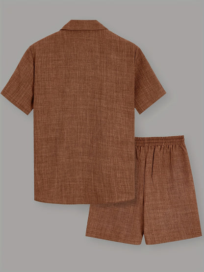 Men's Summer Casual Solid Color Shirt and Shorts Set