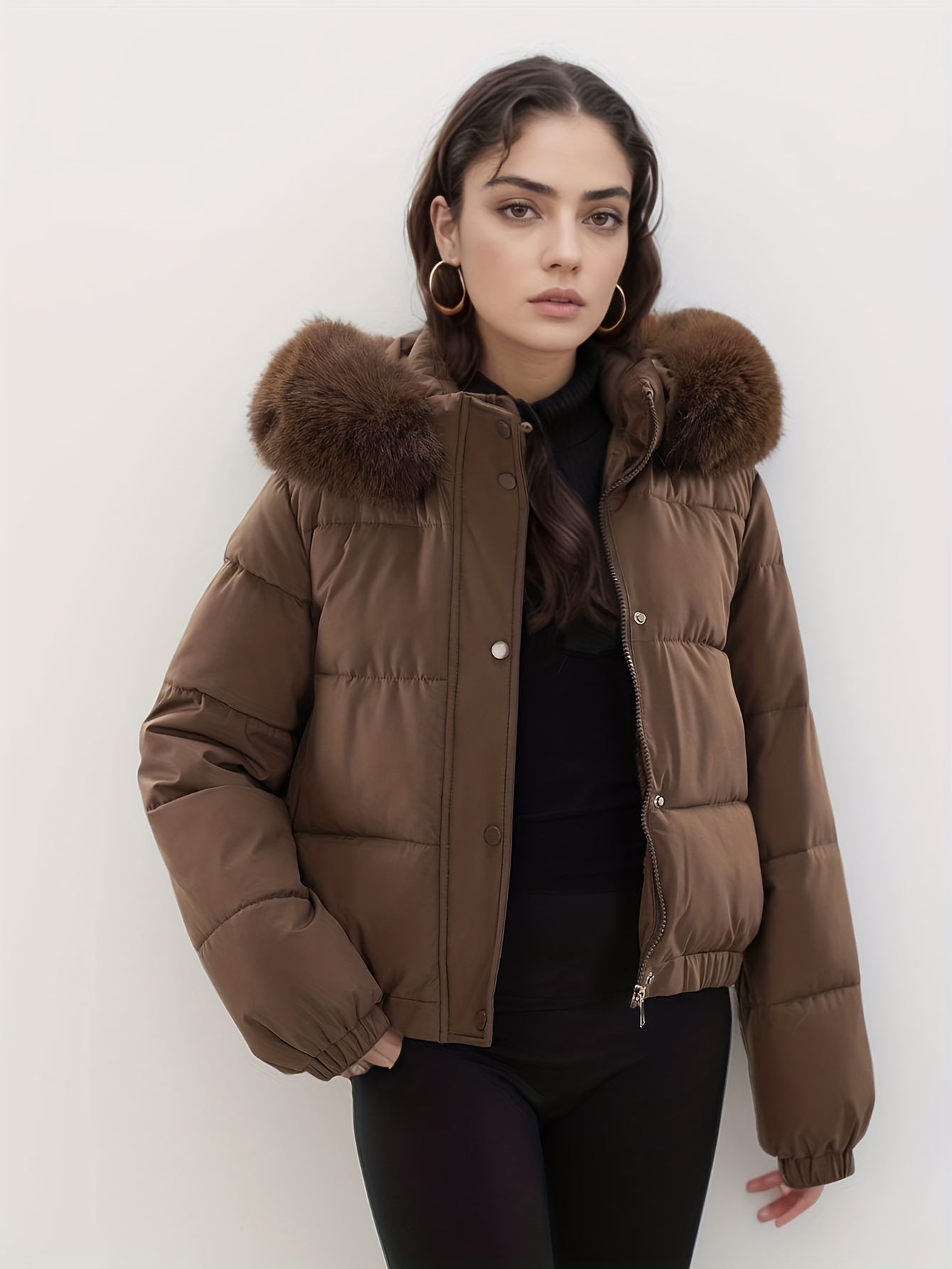 Women'S Winter Coat with Removable Faux Fur Hood - Thickened Loose Fit Long Sleeve Jacket, Zippered Pockets & Button Front, Casual Solid Color Outerwear for Cold Weather, Cozy Warmth, Buttoned Closure, Durable Fabric