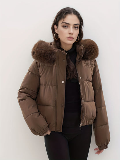 Women'S Winter Coat with Removable Faux Fur Hood - Thickened Loose Fit Long Sleeve Jacket, Zippered Pockets & Button Front, Casual Solid Color Outerwear for Cold Weather, Cozy Warmth, Buttoned Closure, Durable Fabric